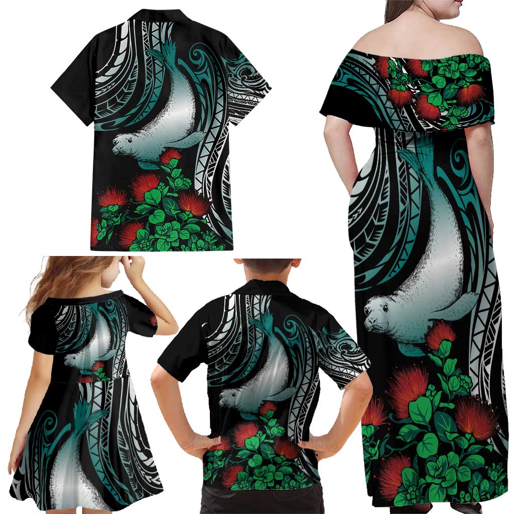 Aloha Hawaii Monk Seal Family Matching Off Shoulder Maxi Dress and Hawaiian Shirt Mix Ohia Lehua LT7 - Polynesian Pride