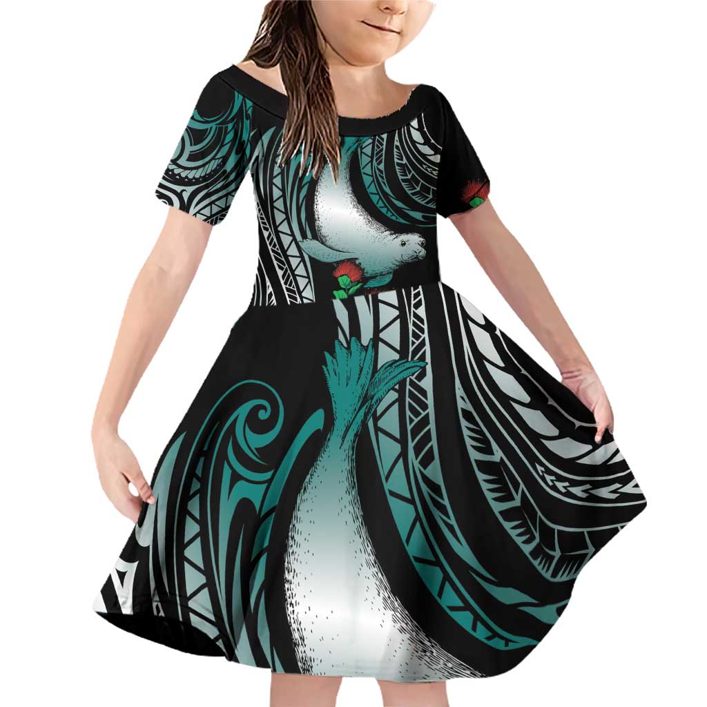 Aloha Hawaii Monk Seal Family Matching Off Shoulder Short Dress and Hawaiian Shirt Mix Ohia Lehua LT7 Daughter's Dress Teal - Polynesian Pride