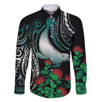 Aloha Hawaii Monk Seal Family Matching Off Shoulder Short Dress and Hawaiian Shirt Mix Ohia Lehua LT7 Dad's Shirt - Long Sleeve Teal - Polynesian Pride