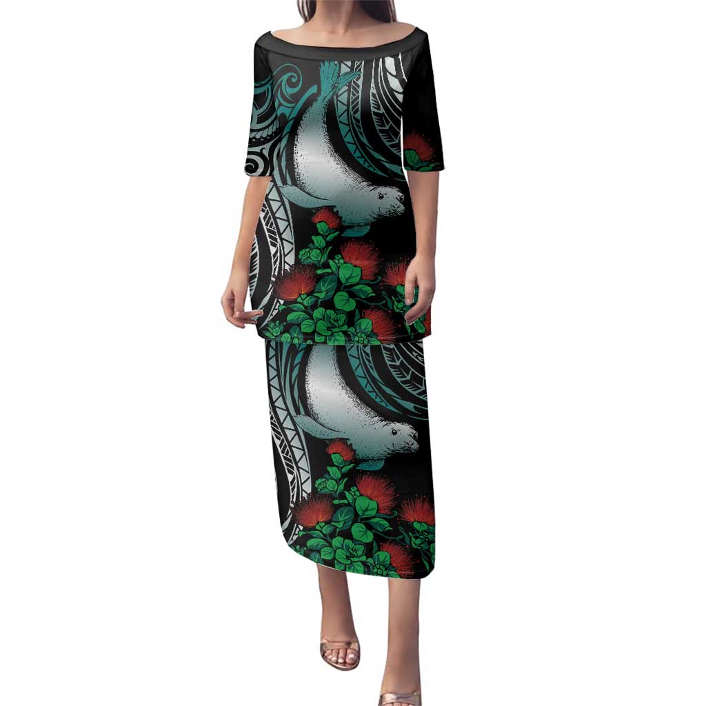Aloha Hawaii Monk Seal Family Matching Puletasi and Hawaiian Shirt Mix Ohia Lehua LT7 Mom's Dress Teal - Polynesian Pride