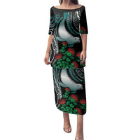 Aloha Hawaii Monk Seal Family Matching Puletasi and Hawaiian Shirt Mix Ohia Lehua LT7 Mom's Dress Teal - Polynesian Pride