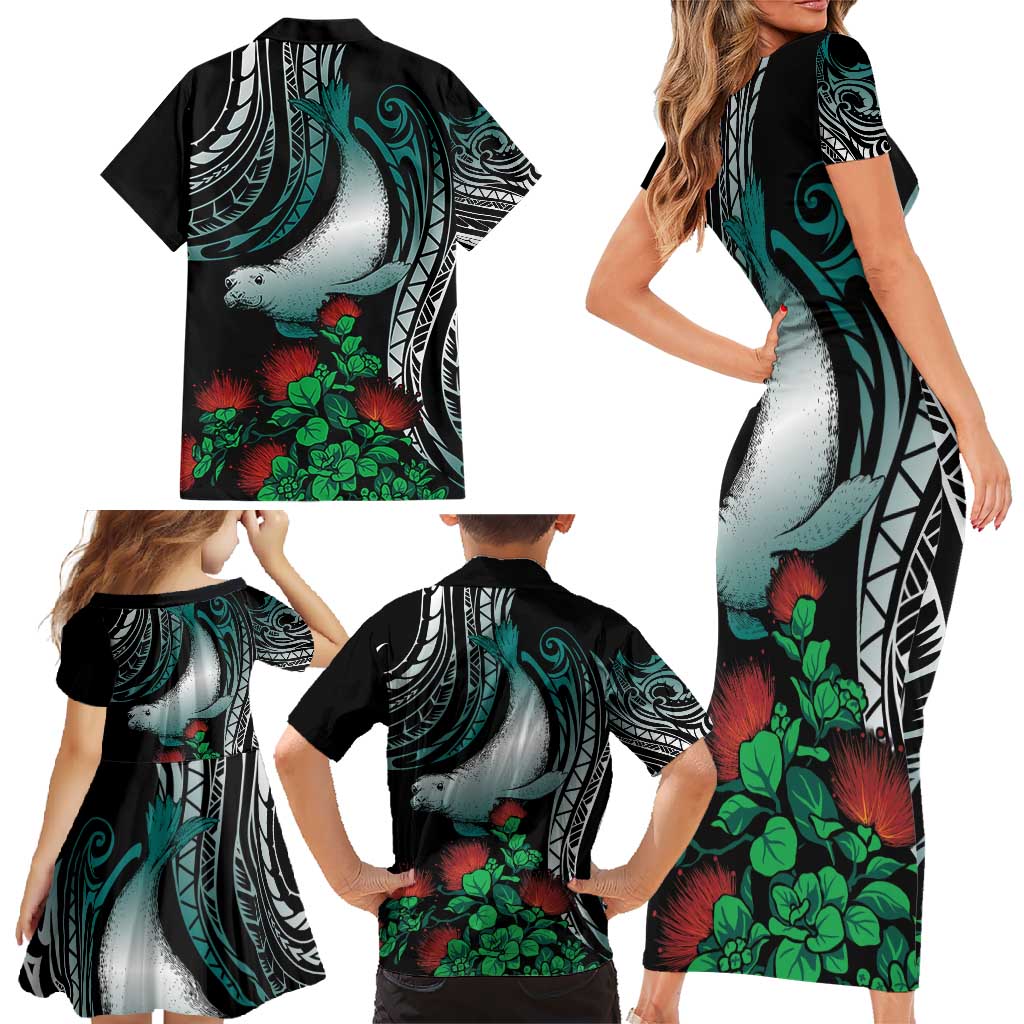 Aloha Hawaii Monk Seal Family Matching Short Sleeve Bodycon Dress and Hawaiian Shirt Mix Ohia Lehua LT7 - Polynesian Pride