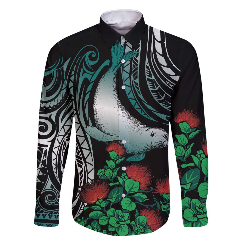 Aloha Hawaii Monk Seal Family Matching Short Sleeve Bodycon Dress and Hawaiian Shirt Mix Ohia Lehua LT7 Dad's Shirt - Long Sleeve Teal - Polynesian Pride