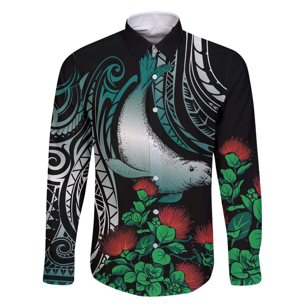 Aloha Hawaii Monk Seal Family Matching Summer Maxi Dress and Hawaiian Shirt Mix Ohia Lehua LT7 Dad's Shirt - Long Sleeve Teal - Polynesian Pride