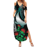 Aloha Hawaii Monk Seal Family Matching Summer Maxi Dress and Hawaiian Shirt Mix Ohia Lehua LT7 Mom's Dress Teal - Polynesian Pride