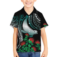 Aloha Hawaii Monk Seal Family Matching Summer Maxi Dress and Hawaiian Shirt Mix Ohia Lehua LT7 Son's Shirt Teal - Polynesian Pride