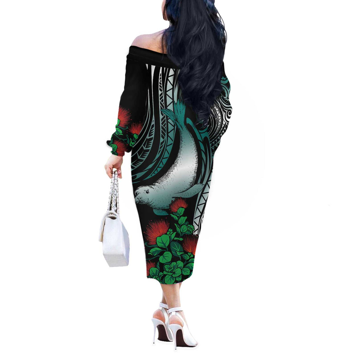 Aloha Hawaii Monk Seal Off The Shoulder Long Sleeve Dress Mix Ohia Lehua