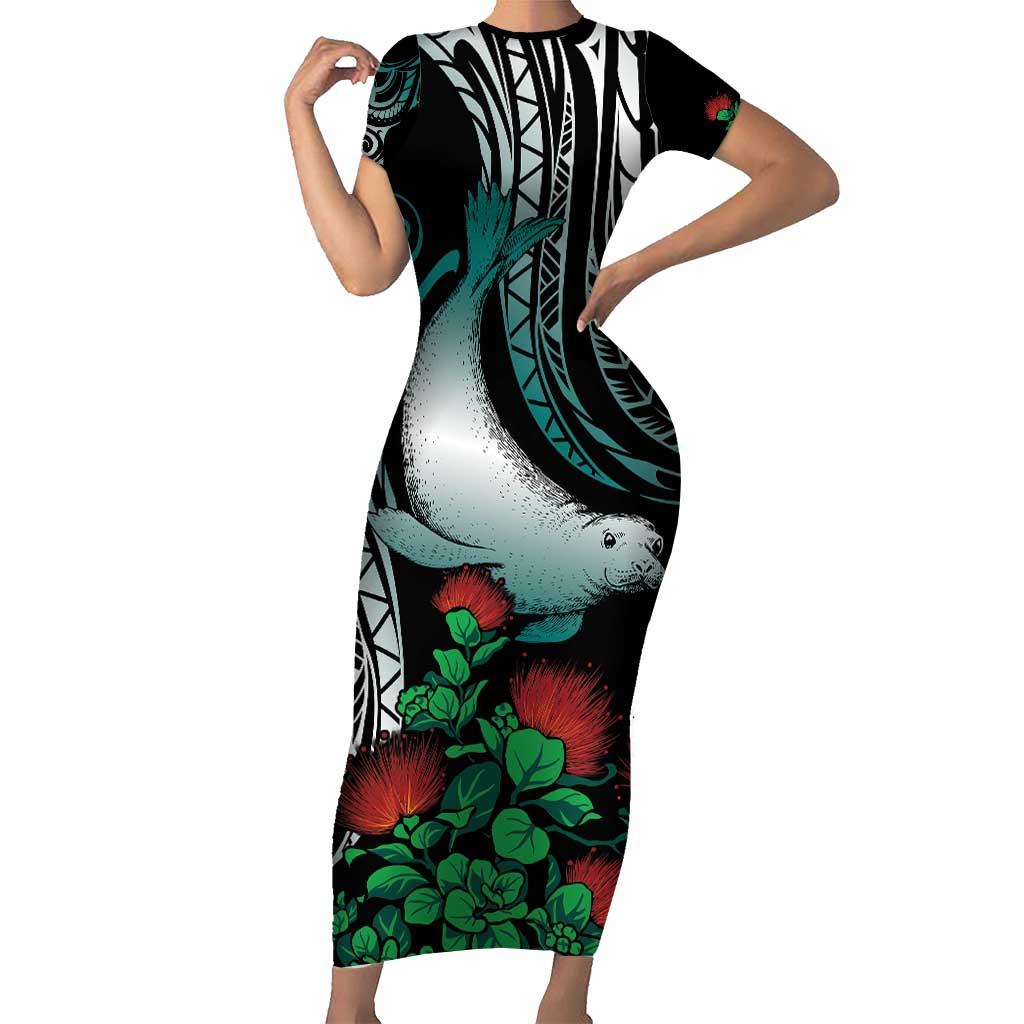 Aloha Hawaii Monk Seal Short Sleeve Bodycon Dress Mix Ohia Lehua