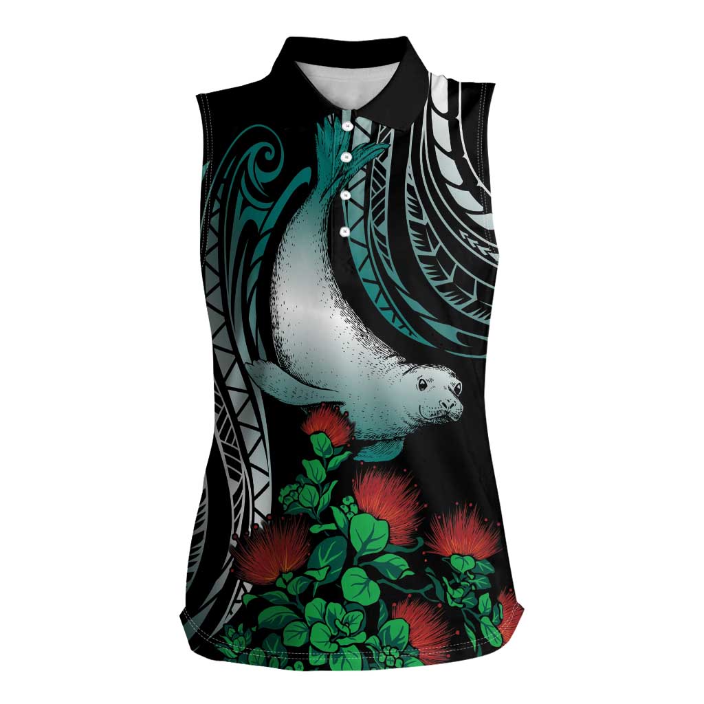 Aloha Hawaii Monk Seal Women Sleeveless Polo Shirt Mix Ohia Lehua LT7 Female Teal - Polynesian Pride