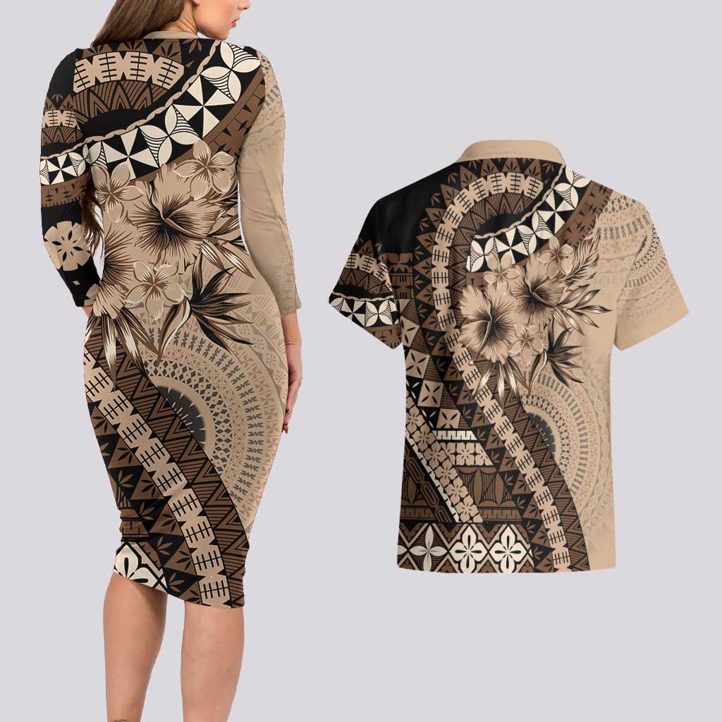 Bula Fiji Couples Matching Long Sleeve Bodycon Dress and Hawaiian Shirt Mocha Brown Kaivity Masi Tapa LT7 - Polynesian Pride