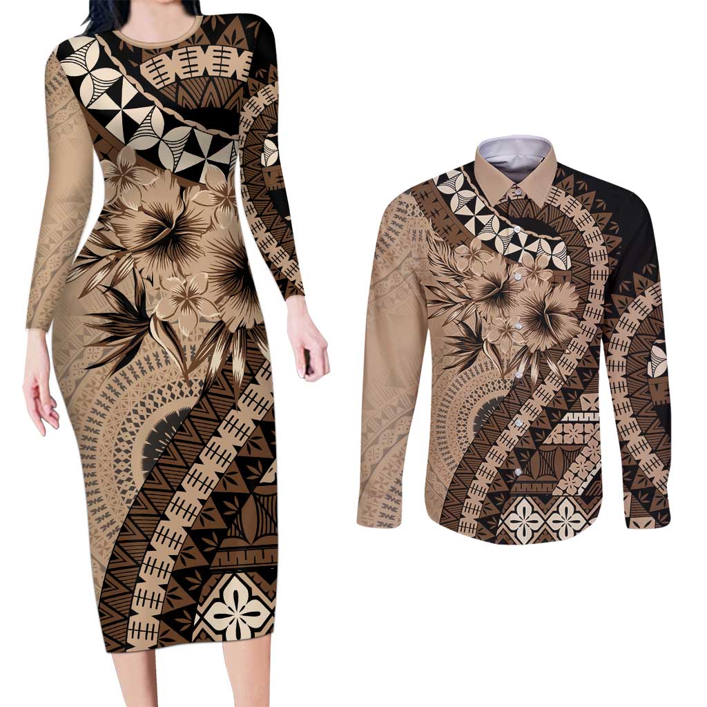 Bula Fiji Couples Matching Long Sleeve Bodycon Dress and Long Sleeve Button Shirt Mocha Brown Kaivity Masi Tapa LT7 Brown - Polynesian Pride