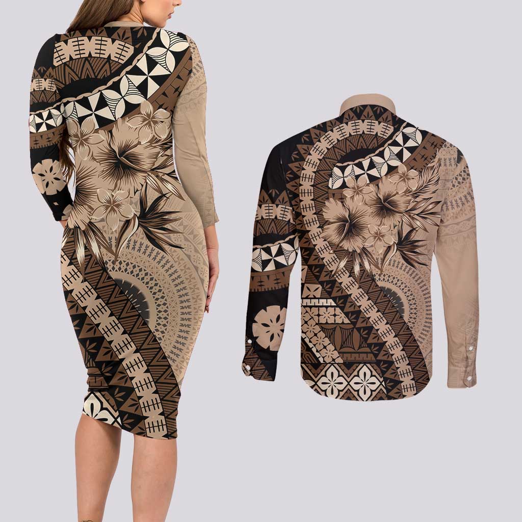 Bula Fiji Couples Matching Long Sleeve Bodycon Dress and Long Sleeve Button Shirt Mocha Brown Kaivity Masi Tapa LT7 - Polynesian Pride