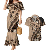 Bula Fiji Couples Matching Mermaid Dress and Hawaiian Shirt Mocha Brown Kaivity Masi Tapa LT7 Brown - Polynesian Pride