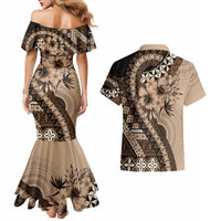 Bula Fiji Couples Matching Mermaid Dress and Hawaiian Shirt Mocha Brown Kaivity Masi Tapa LT7 - Polynesian Pride