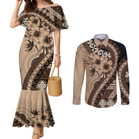Bula Fiji Couples Matching Mermaid Dress and Long Sleeve Button Shirt Mocha Brown Kaivity Masi Tapa LT7 Brown - Polynesian Pride