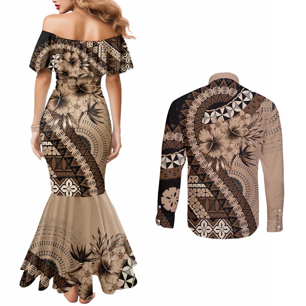 Bula Fiji Couples Matching Mermaid Dress and Long Sleeve Button Shirt Mocha Brown Kaivity Masi Tapa LT7 - Polynesian Pride