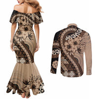 Bula Fiji Couples Matching Mermaid Dress and Long Sleeve Button Shirt Mocha Brown Kaivity Masi Tapa LT7 - Polynesian Pride