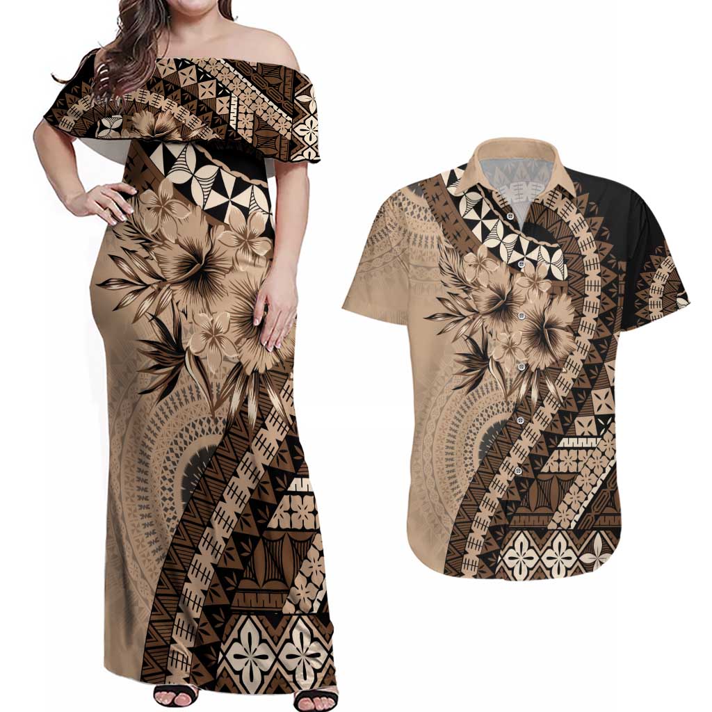 Bula Fiji Couples Matching Off Shoulder Maxi Dress and Hawaiian Shirt Mocha Brown Kaivity Masi Tapa LT7 Brown - Polynesian Pride