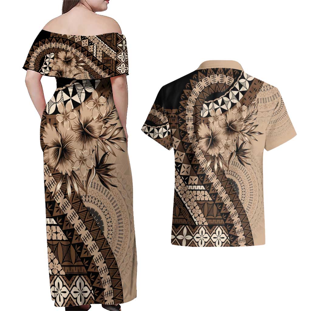 Bula Fiji Couples Matching Off Shoulder Maxi Dress and Hawaiian Shirt Mocha Brown Kaivity Masi Tapa LT7 - Polynesian Pride