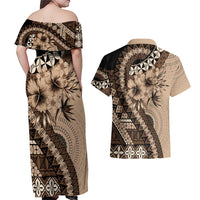 Bula Fiji Couples Matching Off Shoulder Maxi Dress and Hawaiian Shirt Mocha Brown Kaivity Masi Tapa LT7 - Polynesian Pride
