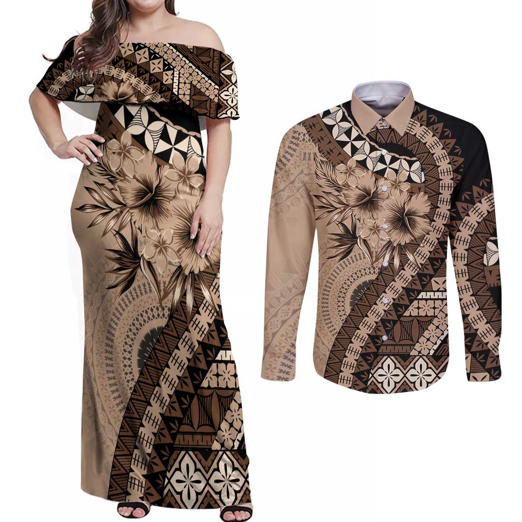Bula Fiji Couples Matching Off Shoulder Maxi Dress and Long Sleeve Button Shirt Mocha Brown Kaivity Masi Tapa LT7 Brown - Polynesian Pride