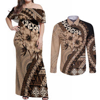 Bula Fiji Couples Matching Off Shoulder Maxi Dress and Long Sleeve Button Shirt Mocha Brown Kaivity Masi Tapa LT7 Brown - Polynesian Pride