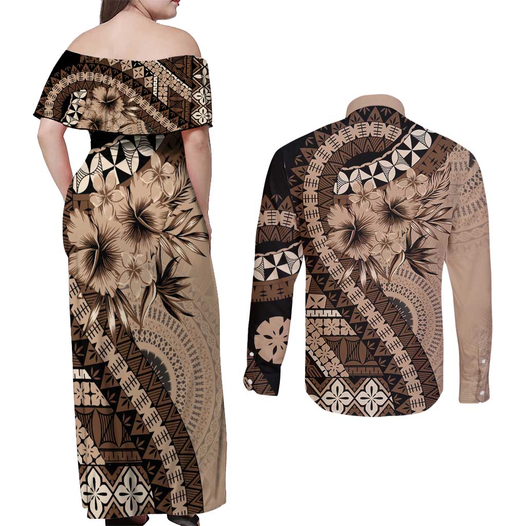 Bula Fiji Couples Matching Off Shoulder Maxi Dress and Long Sleeve Button Shirt Mocha Brown Kaivity Masi Tapa LT7 - Polynesian Pride