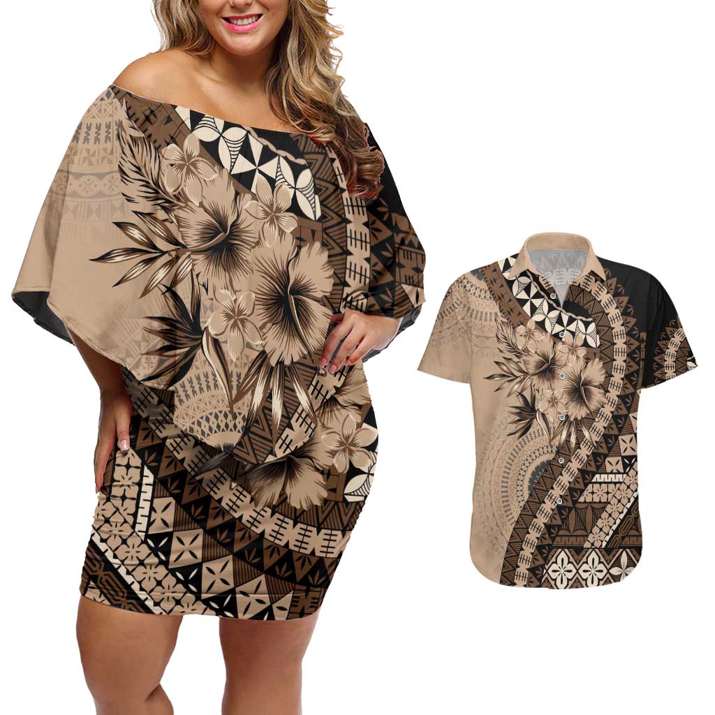 Bula Fiji Couples Matching Off Shoulder Short Dress and Hawaiian Shirt Mocha Brown Kaivity Masi Tapa LT7 Brown - Polynesian Pride