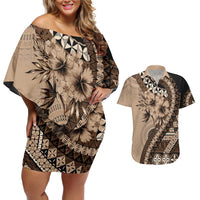 Bula Fiji Couples Matching Off Shoulder Short Dress and Hawaiian Shirt Mocha Brown Kaivity Masi Tapa LT7 Brown - Polynesian Pride