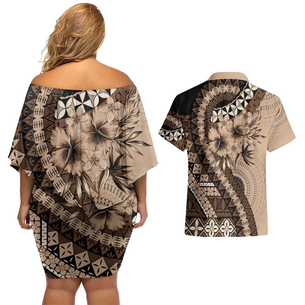 Bula Fiji Couples Matching Off Shoulder Short Dress and Hawaiian Shirt Mocha Brown Kaivity Masi Tapa LT7 - Polynesian Pride