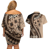 Bula Fiji Couples Matching Off Shoulder Short Dress and Hawaiian Shirt Mocha Brown Kaivity Masi Tapa LT7 - Polynesian Pride