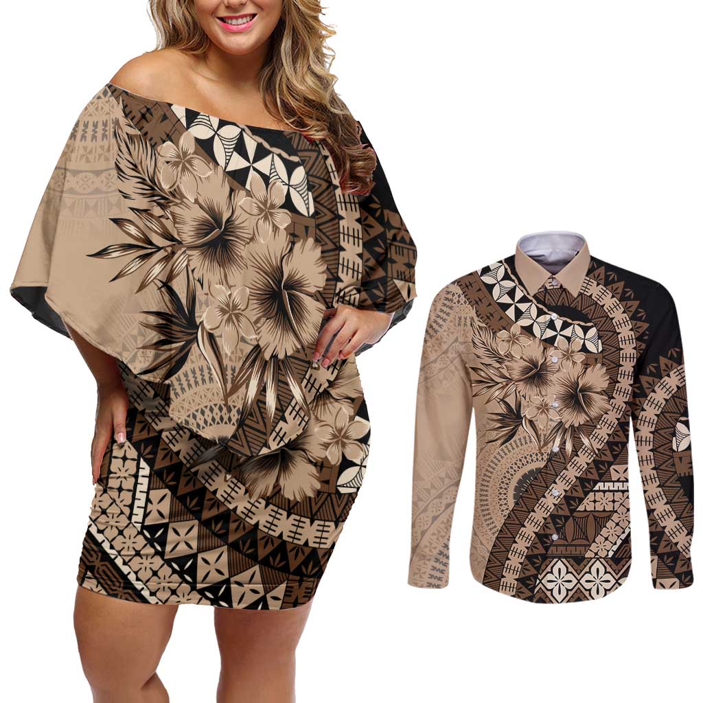 Bula Fiji Couples Matching Off Shoulder Short Dress and Long Sleeve Button Shirt Mocha Brown Kaivity Masi Tapa LT7 Brown - Polynesian Pride
