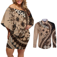 Bula Fiji Couples Matching Off Shoulder Short Dress and Long Sleeve Button Shirt Mocha Brown Kaivity Masi Tapa LT7 Brown - Polynesian Pride