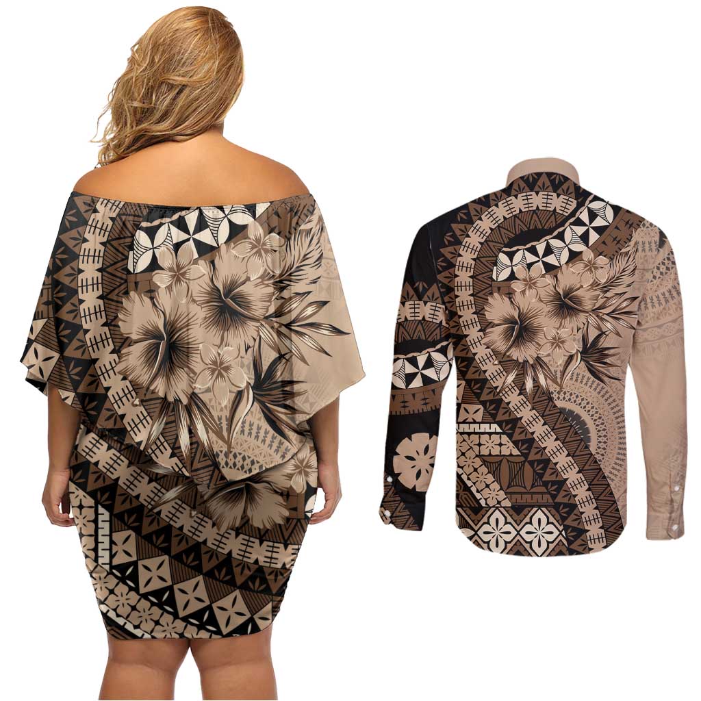 Bula Fiji Couples Matching Off Shoulder Short Dress and Long Sleeve Button Shirt Mocha Brown Kaivity Masi Tapa LT7 - Polynesian Pride