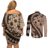 Bula Fiji Couples Matching Off Shoulder Short Dress and Long Sleeve Button Shirt Mocha Brown Kaivity Masi Tapa LT7 - Polynesian Pride