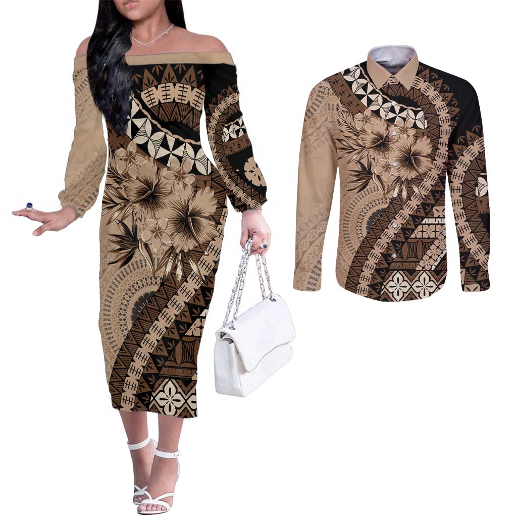 Bula Fiji Couples Matching Off The Shoulder Long Sleeve Dress and Long Sleeve Button Shirt Mocha Brown Kaivity Masi Tapa LT7 Brown - Polynesian Pride