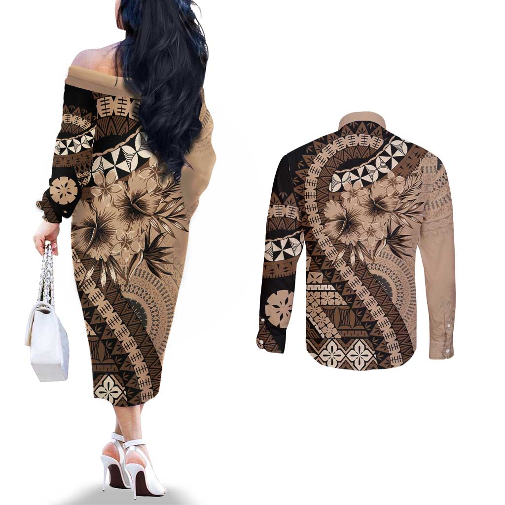 Bula Fiji Couples Matching Off The Shoulder Long Sleeve Dress and Long Sleeve Button Shirt Mocha Brown Kaivity Masi Tapa LT7 - Polynesian Pride