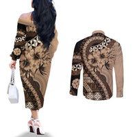 Bula Fiji Couples Matching Off The Shoulder Long Sleeve Dress and Long Sleeve Button Shirt Mocha Brown Kaivity Masi Tapa LT7 - Polynesian Pride
