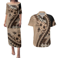 Bula Fiji Couples Matching Puletasi and Hawaiian Shirt Mocha Brown Kaivity Masi Tapa LT7 Brown - Polynesian Pride