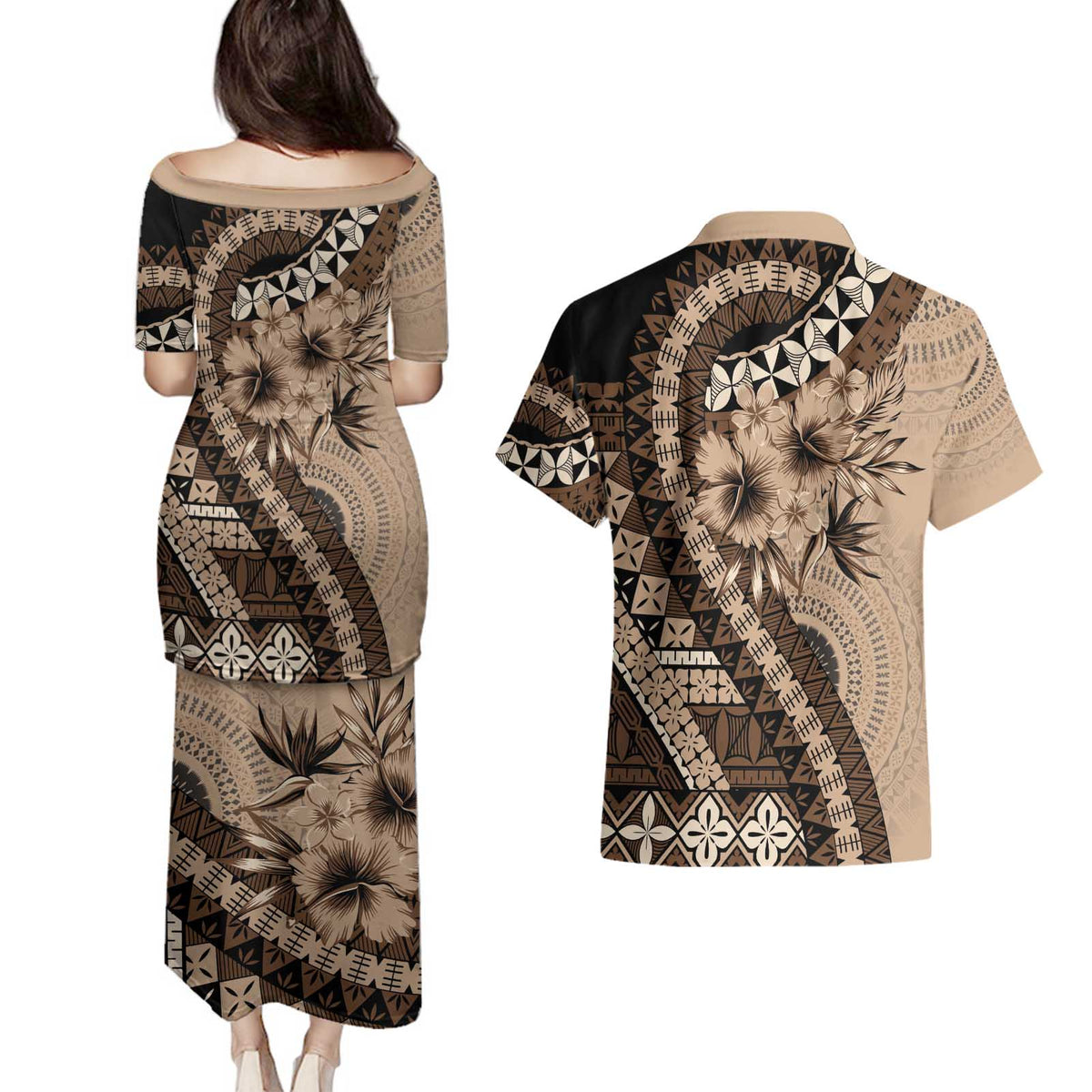 Bula Fiji Couples Matching Puletasi and Hawaiian Shirt Mocha Brown Kaivity Masi Tapa LT7 - Polynesian Pride