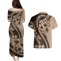 Bula Fiji Couples Matching Puletasi and Hawaiian Shirt Mocha Brown Kaivity Masi Tapa LT7 - Polynesian Pride