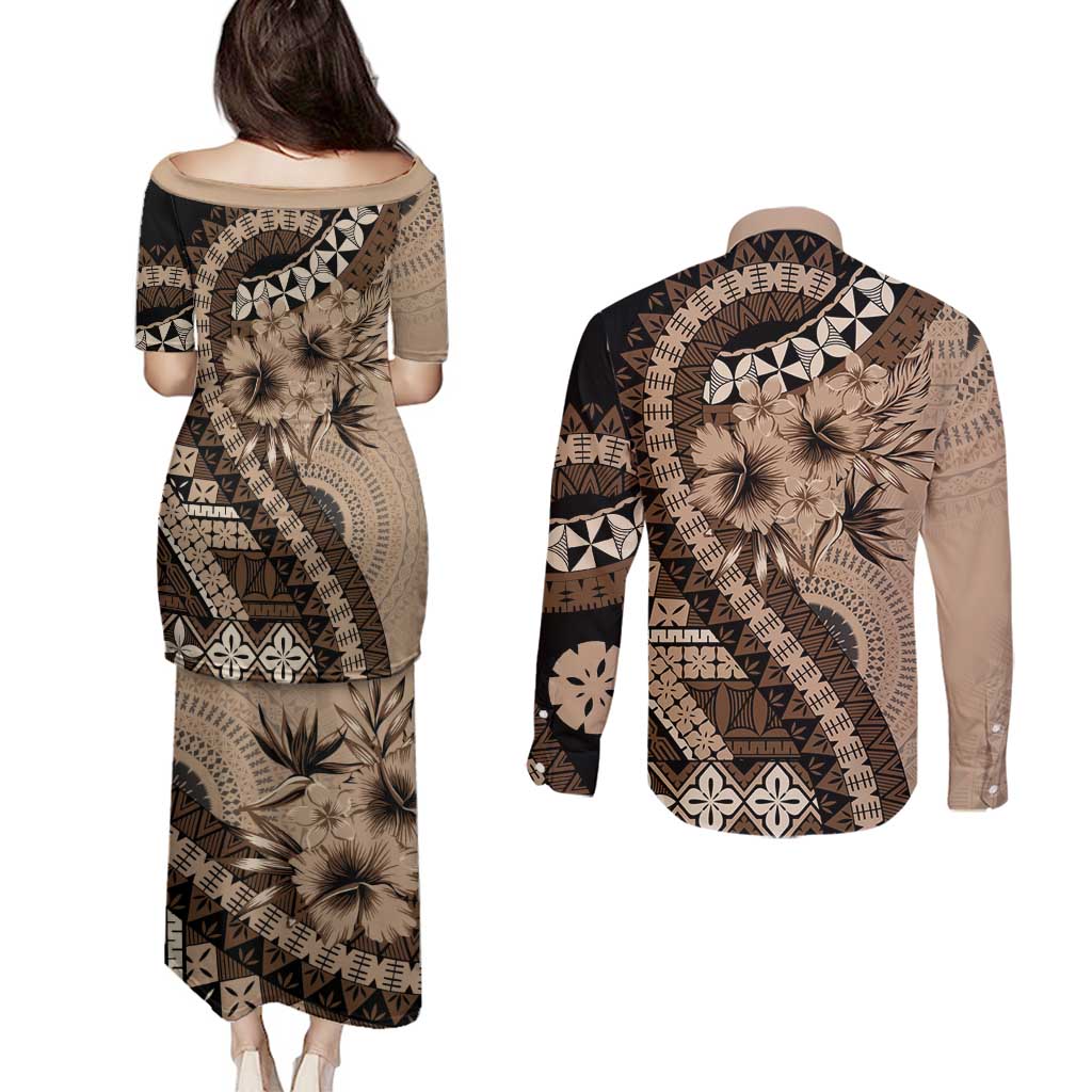 Bula Fiji Couples Matching Puletasi and Long Sleeve Button Shirt Mocha Brown Kaivity Masi Tapa