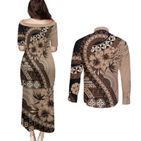 Bula Fiji Couples Matching Puletasi and Long Sleeve Button Shirt Mocha Brown Kaivity Masi Tapa