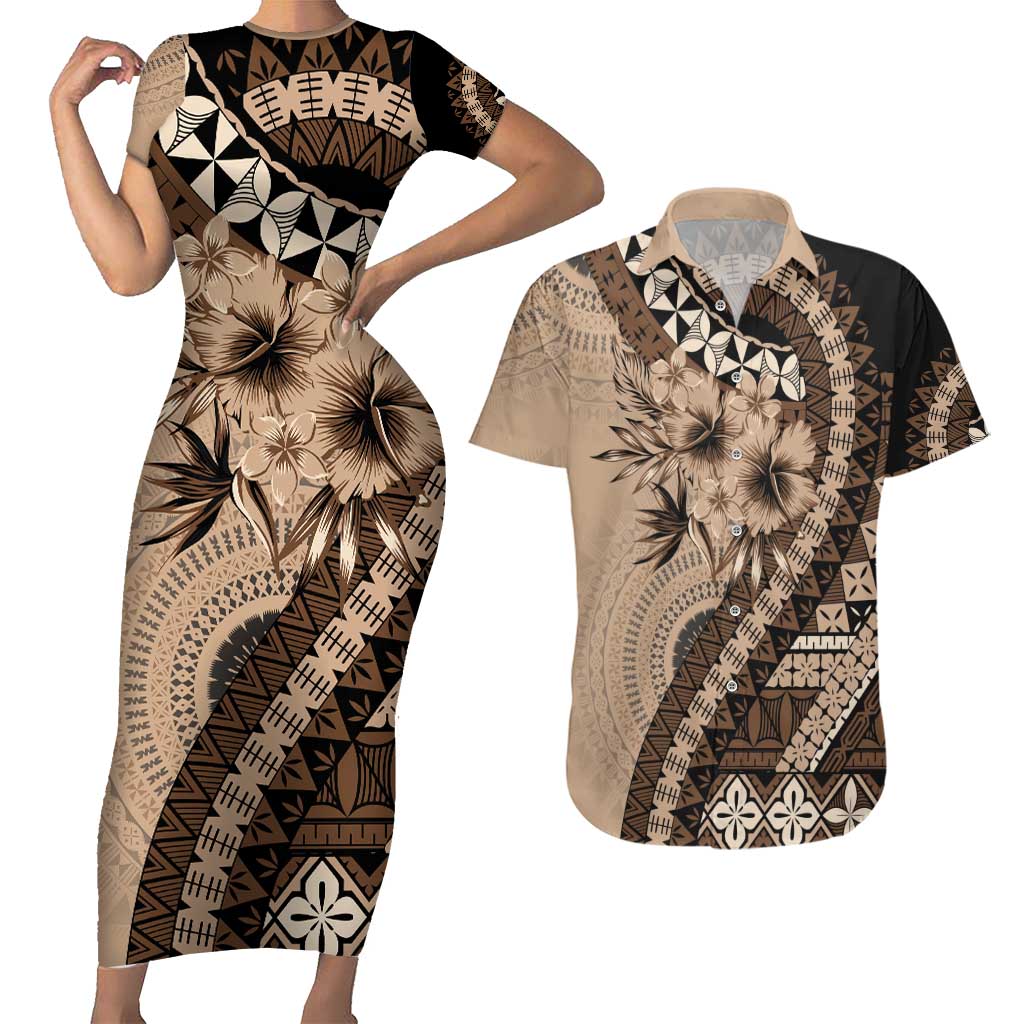 Bula Fiji Couples Matching Short Sleeve Bodycon Dress and Hawaiian Shirt Mocha Brown Kaivity Masi Tapa LT7 Brown - Polynesian Pride