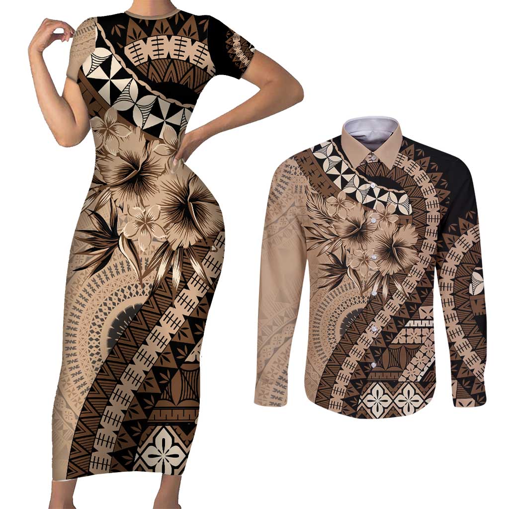 Bula Fiji Couples Matching Short Sleeve Bodycon Dress and Long Sleeve Button Shirt Mocha Brown Kaivity Masi Tapa LT7 Brown - Polynesian Pride