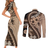 Bula Fiji Couples Matching Short Sleeve Bodycon Dress and Long Sleeve Button Shirt Mocha Brown Kaivity Masi Tapa LT7 - Polynesian Pride