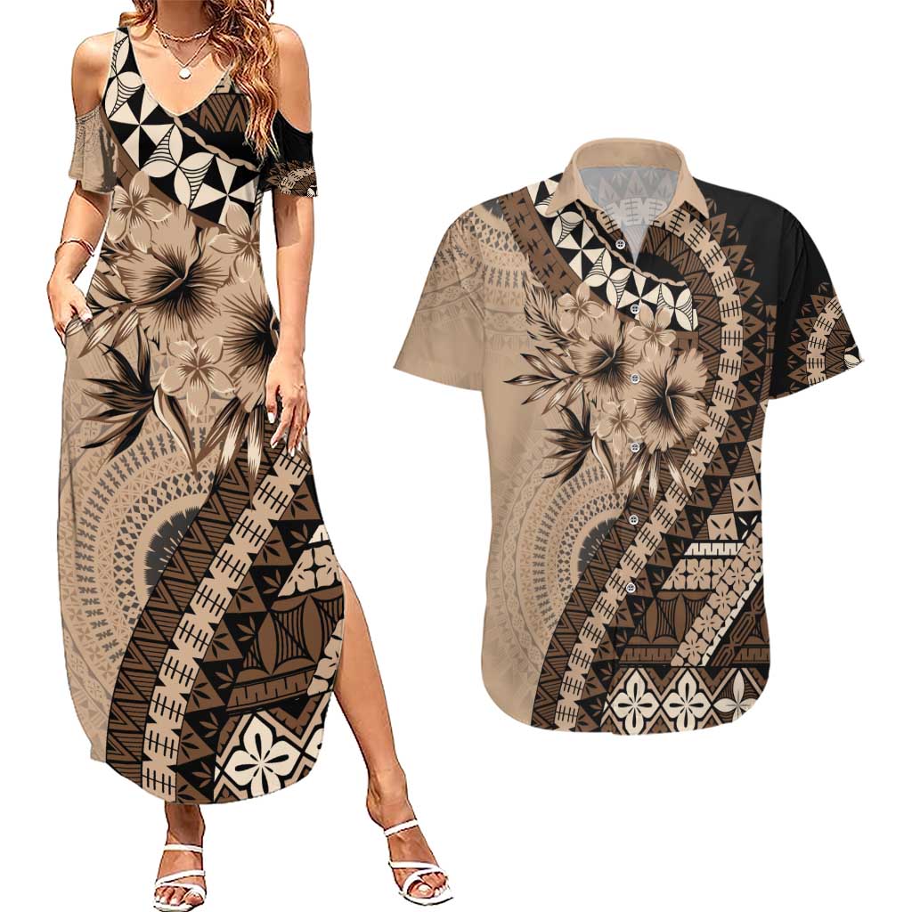 Bula Fiji Couples Matching Summer Maxi Dress and Hawaiian Shirt Mocha Brown Kaivity Masi Tapa LT7 Brown - Polynesian Pride
