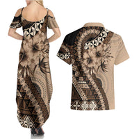 Bula Fiji Couples Matching Summer Maxi Dress and Hawaiian Shirt Mocha Brown Kaivity Masi Tapa LT7 - Polynesian Pride