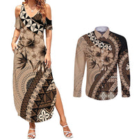 Bula Fiji Couples Matching Summer Maxi Dress and Long Sleeve Button Shirt Mocha Brown Kaivity Masi Tapa LT7 Brown - Polynesian Pride