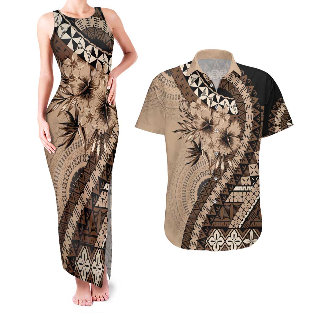 Bula Fiji Couples Matching Tank Maxi Dress and Hawaiian Shirt Mocha Brown Kaivity Masi Tapa LT7 Brown - Polynesian Pride